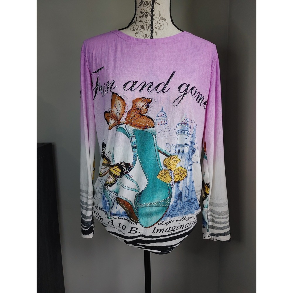 Vintage Embellished Graphic Print Rhinestone Floral City Party Womens L Blouse